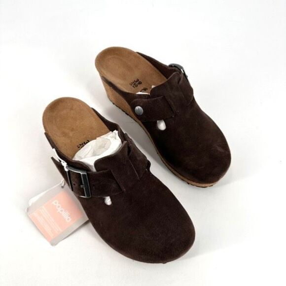Papillio by Birkenstock Suede Fanny Wedge Clogs Roast Brown Size 39, US Size 9 - Picture 2 of 14